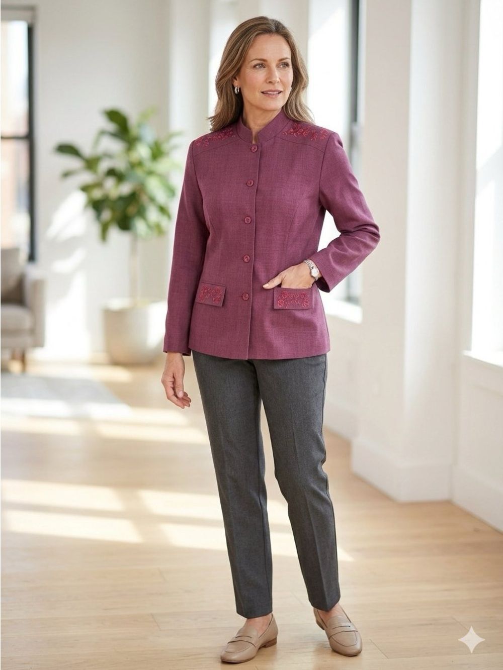 Vintage Sag Harbor Plum Blazer with Floral Embroidered Details